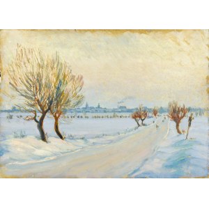 Józef PIENIĄŻEK (1888-1953), Pejzaż zimowy z miastem w tle