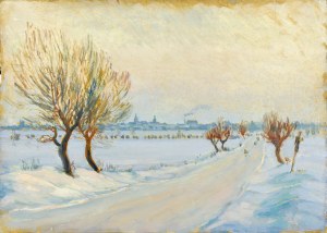 Józef PIENIĄŻEK (1888-1953), Pejzaż zimowy z miastem w tle