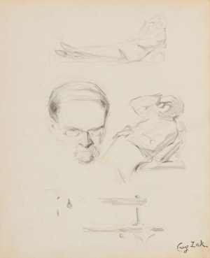 Eugeniusz ZAK (1887-1926), Szkice głowy mężczyzny, leżącej postaci męskiej, mebla, psa, 1904