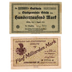 Zgorzelec (Görlitz), 100,000 marks 1923 / 5 billion marks 1923, set of 2 pieces