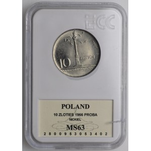PRL, 10 zloty 1966, échantillon NIKIEL - Petite colonne
