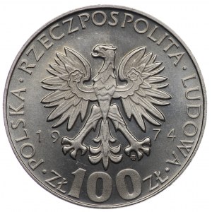 PRL, 100 zloty 1974, échantillon NIKIEL - Skłodowska-Curie, dans le sens des aiguilles d'une montre