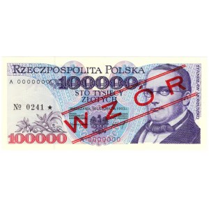 République populaire de Pologne, 100 000 zlotys 1993, MODÈLE - No 0241*, Série A 0000000