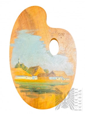Według Władysława Skoczylasa (1883-1934) - Paleta Malarska z Malowidłem Wieś, Olej na Drewnie