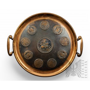 Metalowa Taca z Odbitkami Monet i Medali, w tym Medal Chwały Królewskiej 1642, Władysław IV Waza