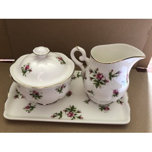 Ozdobny porcelanowy komplet: tacka, cukiernica i mlecznik Royal Canterbury, model Spring Flower (Pink), Wielka Brytania