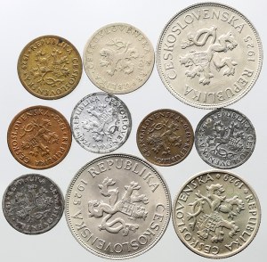 5 Kč 1925 (2x), 1 Kč 1925, 20 hal 1925, 10 hal 1929, 1935, 5 hal 1930, 2 hal 1924 (2x), 1925.