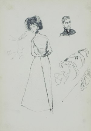 Włodzimierz Tetmajer (1861 - 1923), Szkice młodej kobiety w długiej sukni i kapeluszu na głowie, popiersie młodego mężczyzny, ok. 1900
