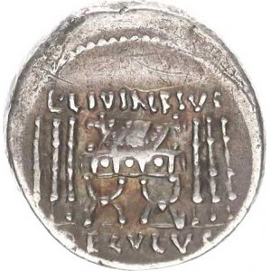 L. Livineius Regulus (42 př. Kr.), AR denár, A: Hlava pretora vpravo, opis / Sella Curulis, po každ