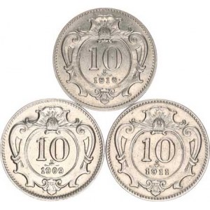 František Josef I.(1848-1918), 10 hal. 1909, 1910, 1911 vše b.zn. 3 ks