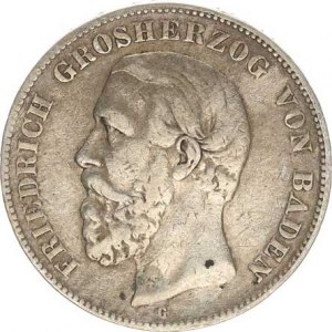 Baden, Friedrich I. (1852-56-1907), 5 Mark 1876 G - var.: obrácené V ve slově BADEN KM 263,2