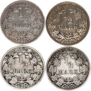 Německo, drobné ražby císařství, 1/2 Mark 1905 E, F, G, 1917 A 4 ks