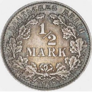 Německo, drobné ražby císařství, 1/2 Mark 1918 E R
