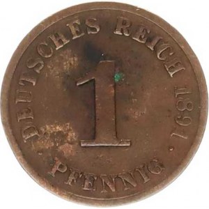 Německo, drobné ražby císařství, 1 Pfennig 1891 J R, patina