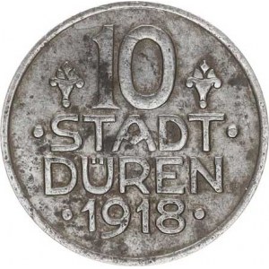 Německo, Nouzová platidla, Düren - 10 Pf. 1918 / hlava v helmě a zn. SD Fe 23 mm