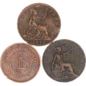 Anglicko, Victoria (1837-1901), 1 cent 1892, 1896; +Straits Settlements - 1 cent 1901 3 ks