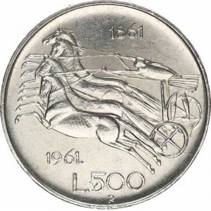 Itálie, 500 Lire 1961 R - Quadriga KM 99 Ag 835 11,00 g