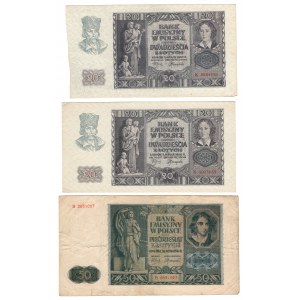2 x 20 złotych 1940, seria K, 50 złotych 1941, seria B - zestaw 3 sztuk