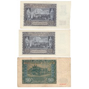 2 x 20 złotych 1940, seria K, 50 złotych 1941, seria B - zestaw 3 sztuk