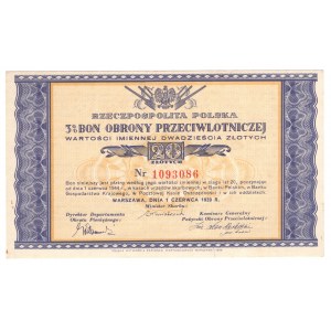 3% poukaz na protivzdušnou obranu 20 zlotých 1939