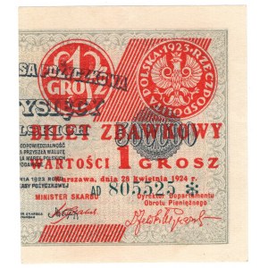 Bilet zdawkowy, 1 grosz 28.04.1924, seria AD, prawa strona
