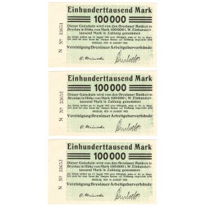 Wrocław (Breslau), 100 000 marek 1923 - zestaw 3 kolejnych numerów
