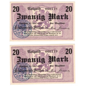 Tczew (Dirschau), 20 marek 1918 - zestaw 2 sztuk, dwa kolejne niskie numery