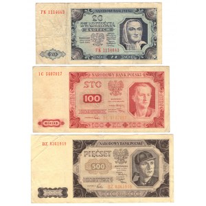 20 złotych 1948, seria FK | 100 złotych 1948, seria IC | 500 złotych 1948, seria BZ - zestaw 3 sztuk
