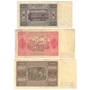 20 złotych 1948, seria FK | 100 złotych 1948, seria IC | 500 złotych 1948, seria BZ - zestaw 3 sztuk
