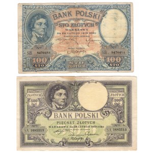 100 złotych 1919, seria S.B. | 500 złotych 1919, seria S.A. - zestaw 2 sztuk