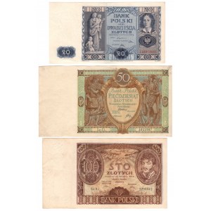 20 złotych 1936, seria CA | 50 złotych 1929, seria EL | 100 złotych 1934, seria BJ - zestaw 3 sztuk