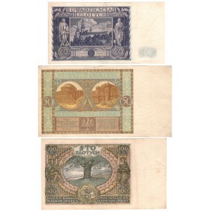 20 złotych 1936, seria CA | 50 złotych 1929, seria EL | 100 złotych 1934, seria BJ - zestaw 3 sztuk