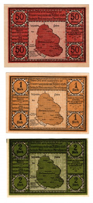 Bielszowice (Bielschowitz), 50 fenigů, 1 značka, 2 značky 1921 - sada 3 kusů