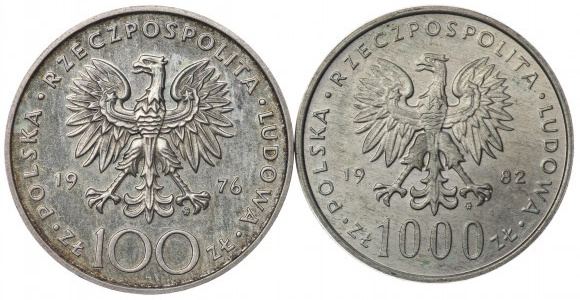 Polská lidová republika, 100 zlotých 1976 Tadeusz Kościuszko, 1000 zlotých 1982 Jan Pavel II - sada 2 kusů