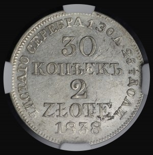 Kingdom of Poland, Nicholas I, 2 zlotys / 30 kopecks 1838 MW, Warsaw