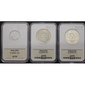 PRL, 50 groszy 1949 | 200 zlotých 1974 | 200 zlotých1976 - sada 3 kusov