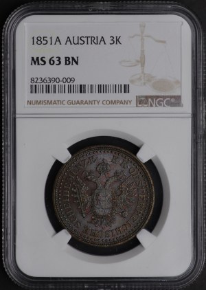 Austria, 3 kreuzer 1851 A