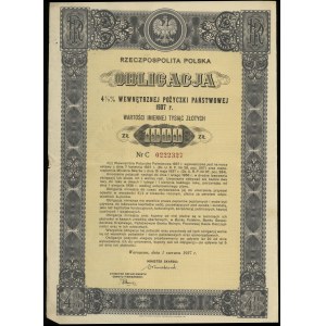 République de Pologne (1918-1939), obligation 4 1/2 % emprunt d'Etat interne pour 1.000 zlotys, 1.06.1937, Varsovie