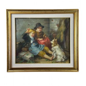 ELIO AMOROSO, Kinder, die mit einem Hund spielen. - Elio Amoroso