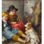 ELIO AMOROSO, Kinder, die mit einem Hund spielen. - Elio Amoroso