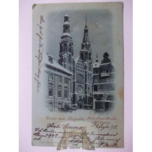 Legnica, Liegnitz, kościół św. Piotra i Pawła, zimowa księżycówka, 1898