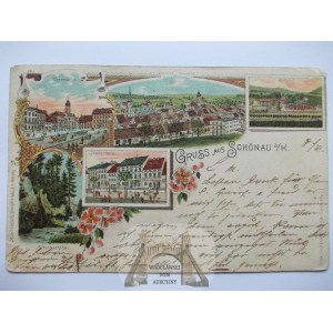 Świerzawa, Schonau, litografia, dworzec, 1905