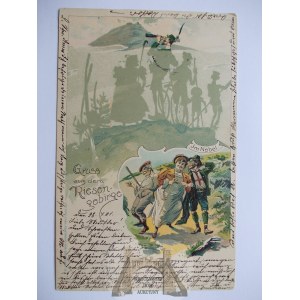Karkonosze, Riesengebirge, turyści we mgle, Śnieżka, litografia Oskar Keil, 1901