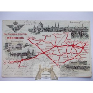 Bydgoszcz, Bromberg, Toruń, Piła, dyrekcja kolei, dworzec, litografia ok. 1900