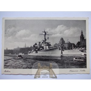Szczecin, Stettin, okręt wojenny, na tle miasta, 1936