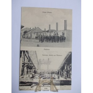 Dębica, budowa mostu, spalone domy ok. 1915