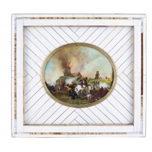 Artist unspecified, Battle of cavalrymen in front of a burning mill