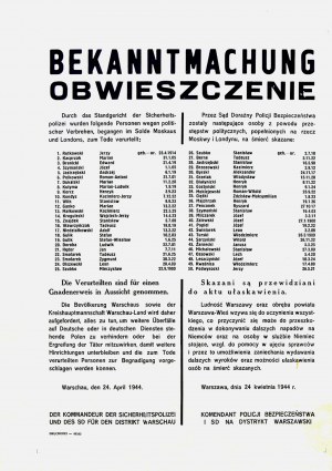Obwieszczenie o skazaniu na śmierć ŚMIERĆ, Z DNIA 24 KWIETNIA 1944