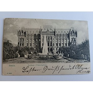 POCZTÓWKA SZCZECIN, STETTIN RATUSZ, PRZEDWOJENNA, STEMPEL, ZNACZEK, 1904 R, USZKODZONA, LEKKO NADERWANA NA SAMEJ GÓRZE