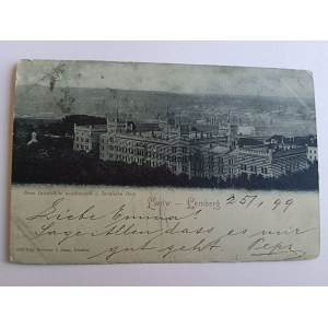 POCZTÓWKA LWÓW LEMBERG, DŁUGI ADRES, DOM INWALIDÓW WOJSKOWYCH, STEMPEL, ZNACZEK, 1899 R